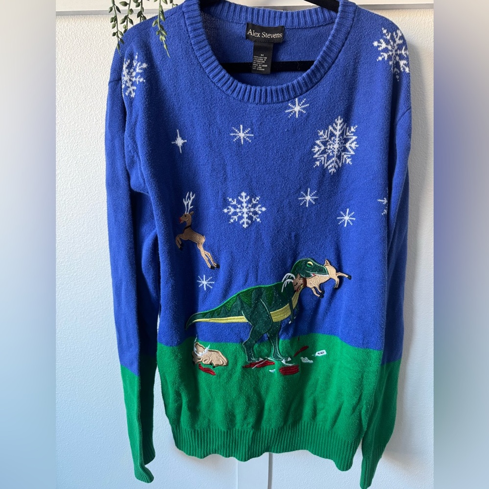 Ugly Christmas Sweater Blue and Green Dinosaur Sweater Eating reindeer